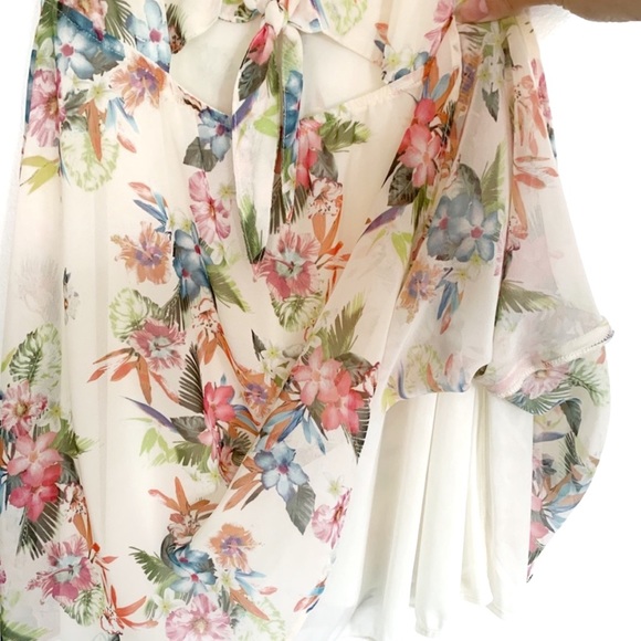 Bsk Bershka Floral Flowers Sundress Summer Cutout Flowy Vacation Tropical Creme - Picture 13 of 13